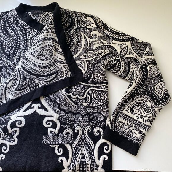 ETRO MILANO wool cardigan wrap sweater Jacquard print black white size 46 10 - Picture 1 of 15